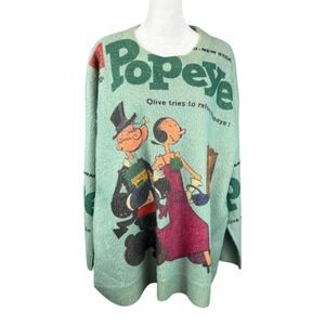 Popeye Oversize Sweater Womens 2XL Olive Oil Green Cartoon Boxy Heavy